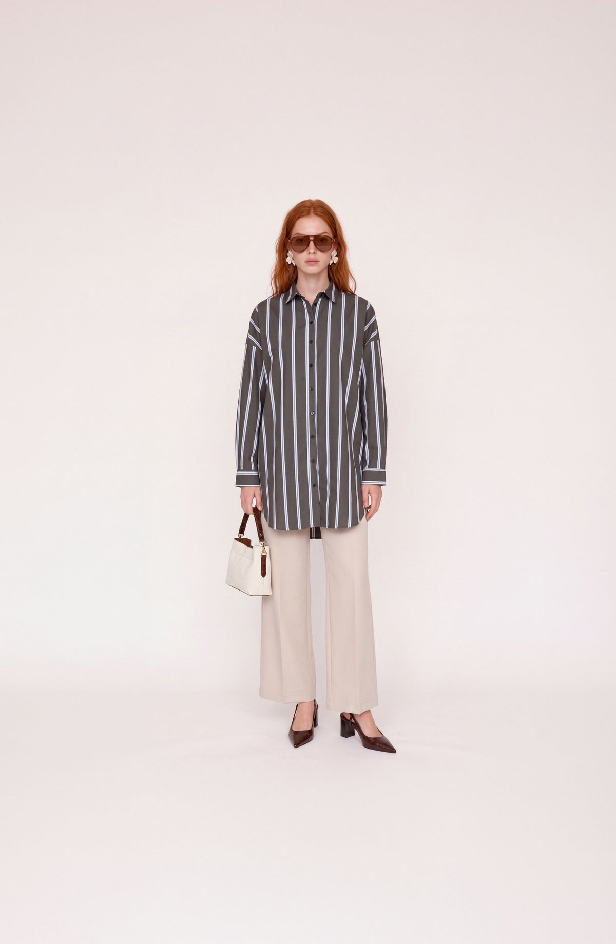 Basic Bebe Mavi-Acı Kahve Çizgili Oversize Pamuk Gömlek