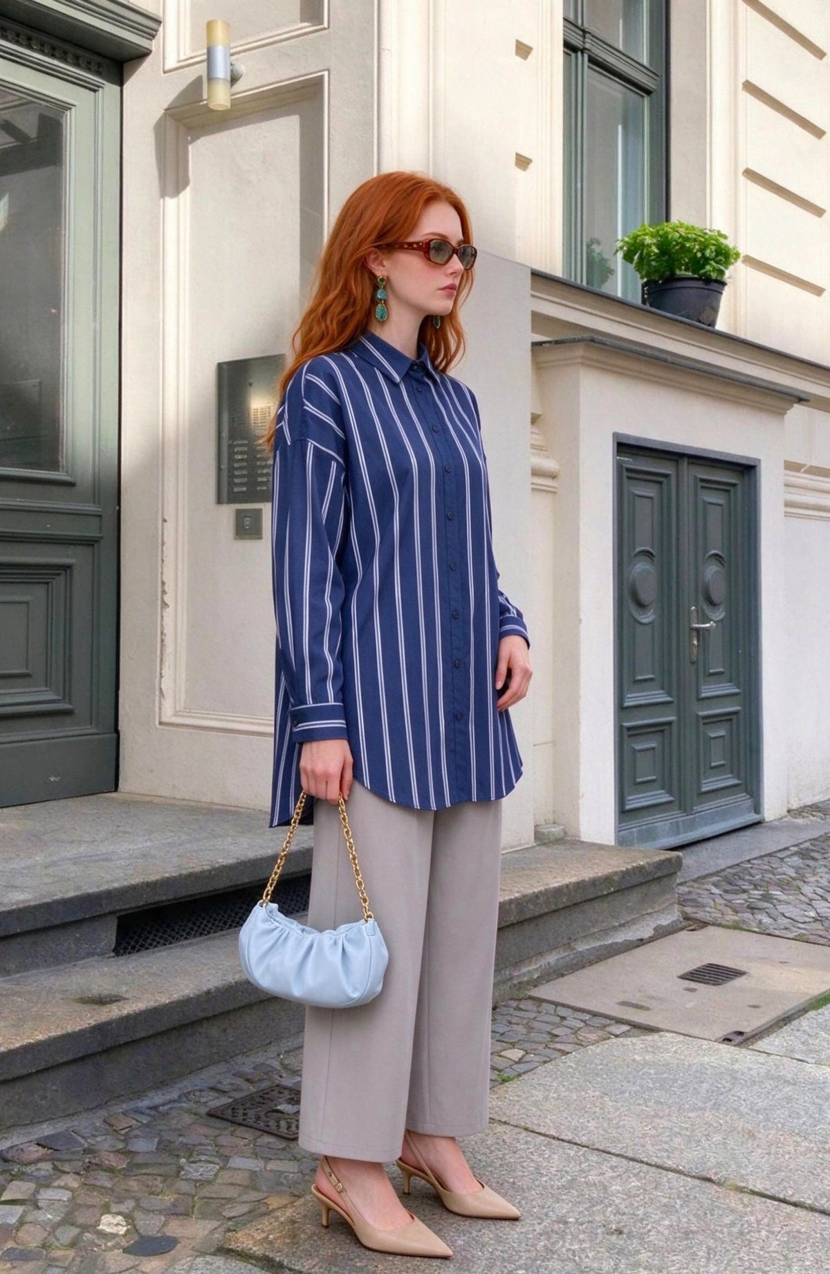Basic Bebe Mavi-Lacivert Çizgili Oversize Pamuk Gömlek