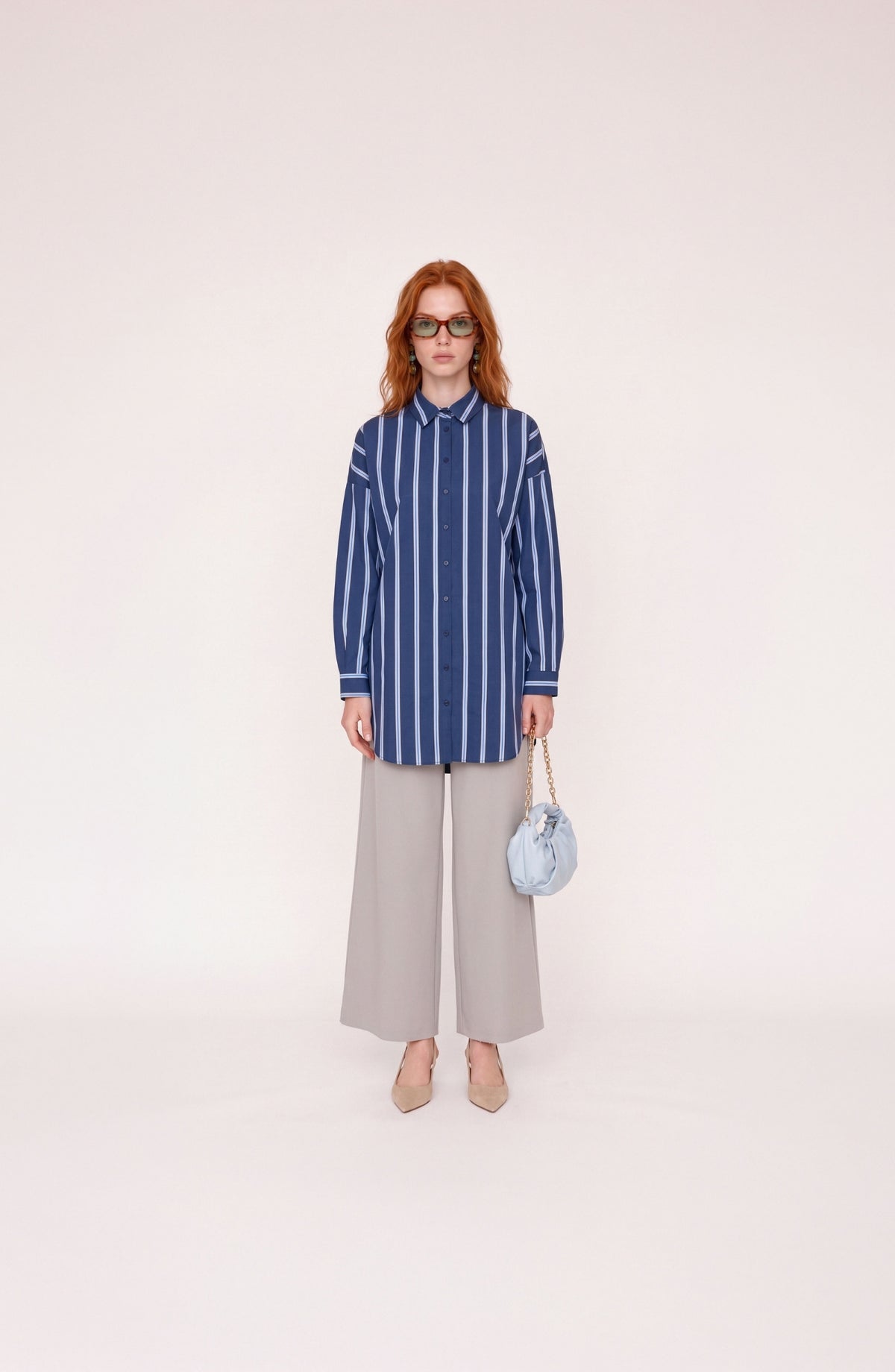 Basic Bebe Mavi-Lacivert Çizgili Oversize Pamuk Gömlek