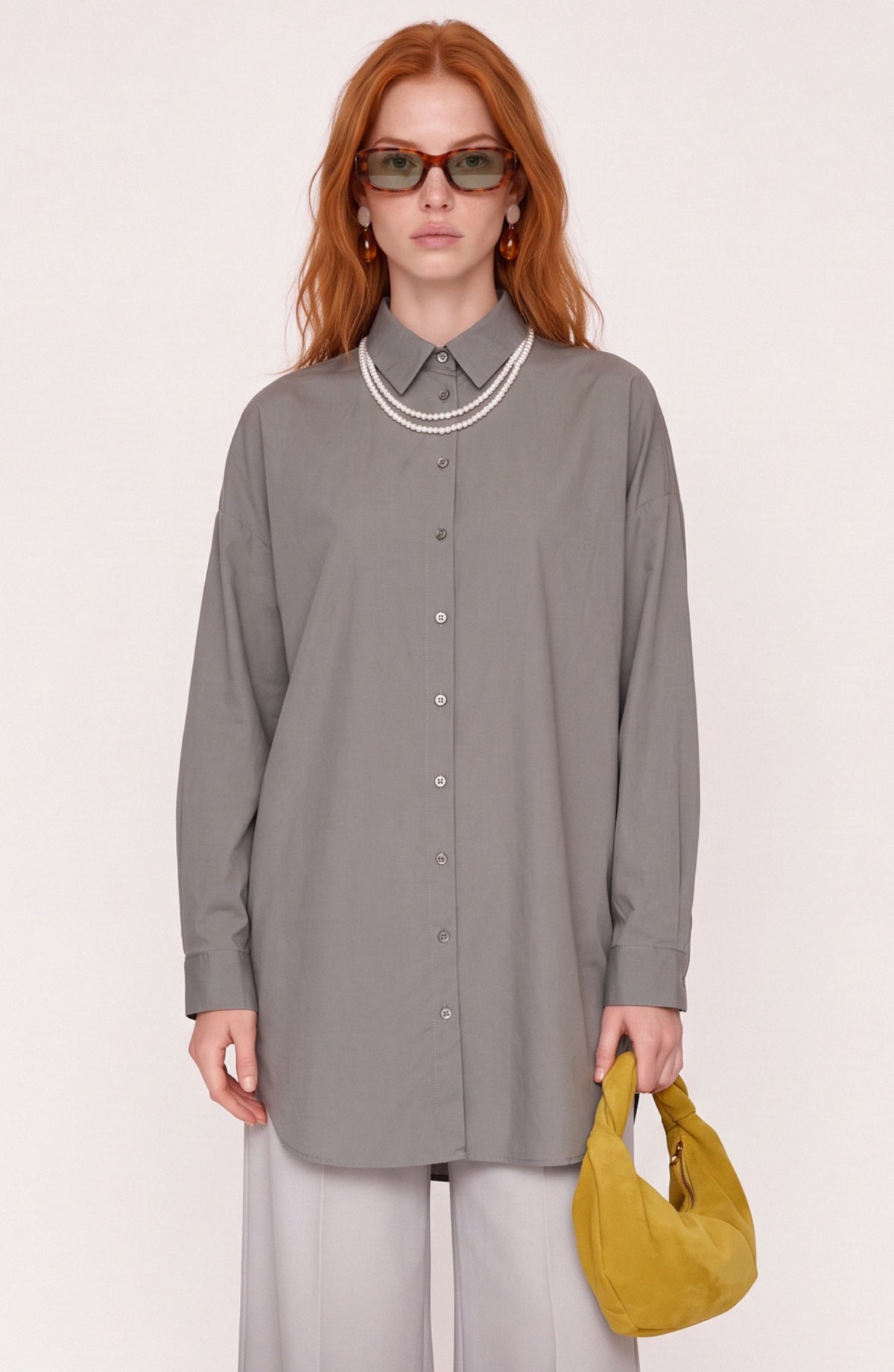 Basic Gri Oversize Pamuk Gömlek