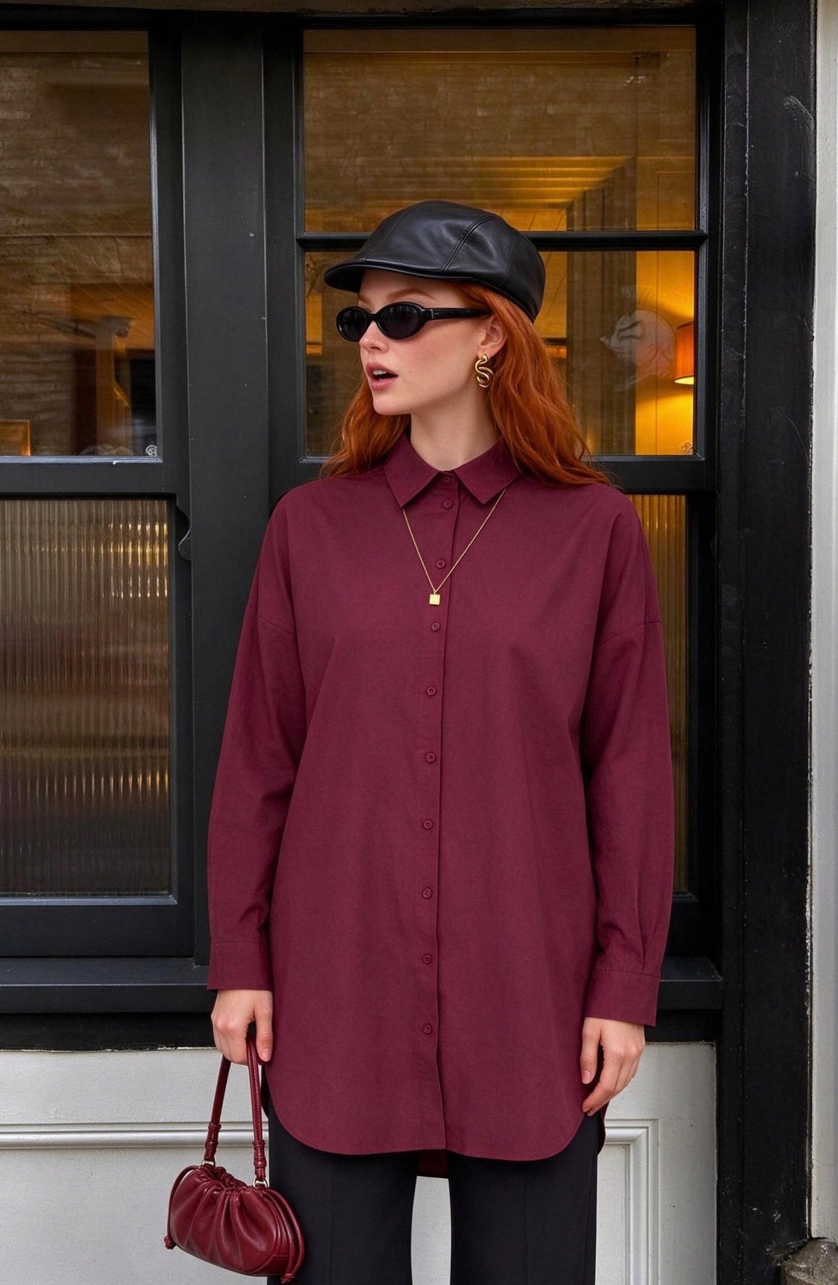 Basic Bordo Oversize Pamuk Gömlek