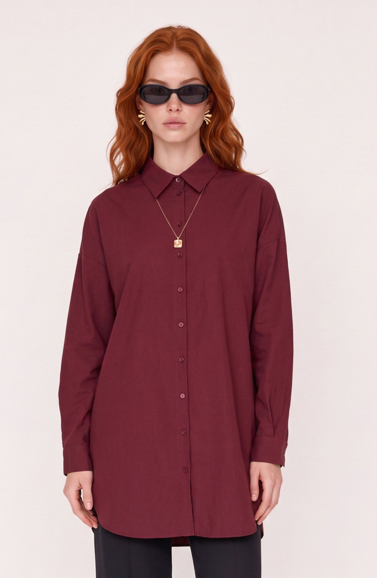 Basic Bordo Oversize Pamuk Gömlek