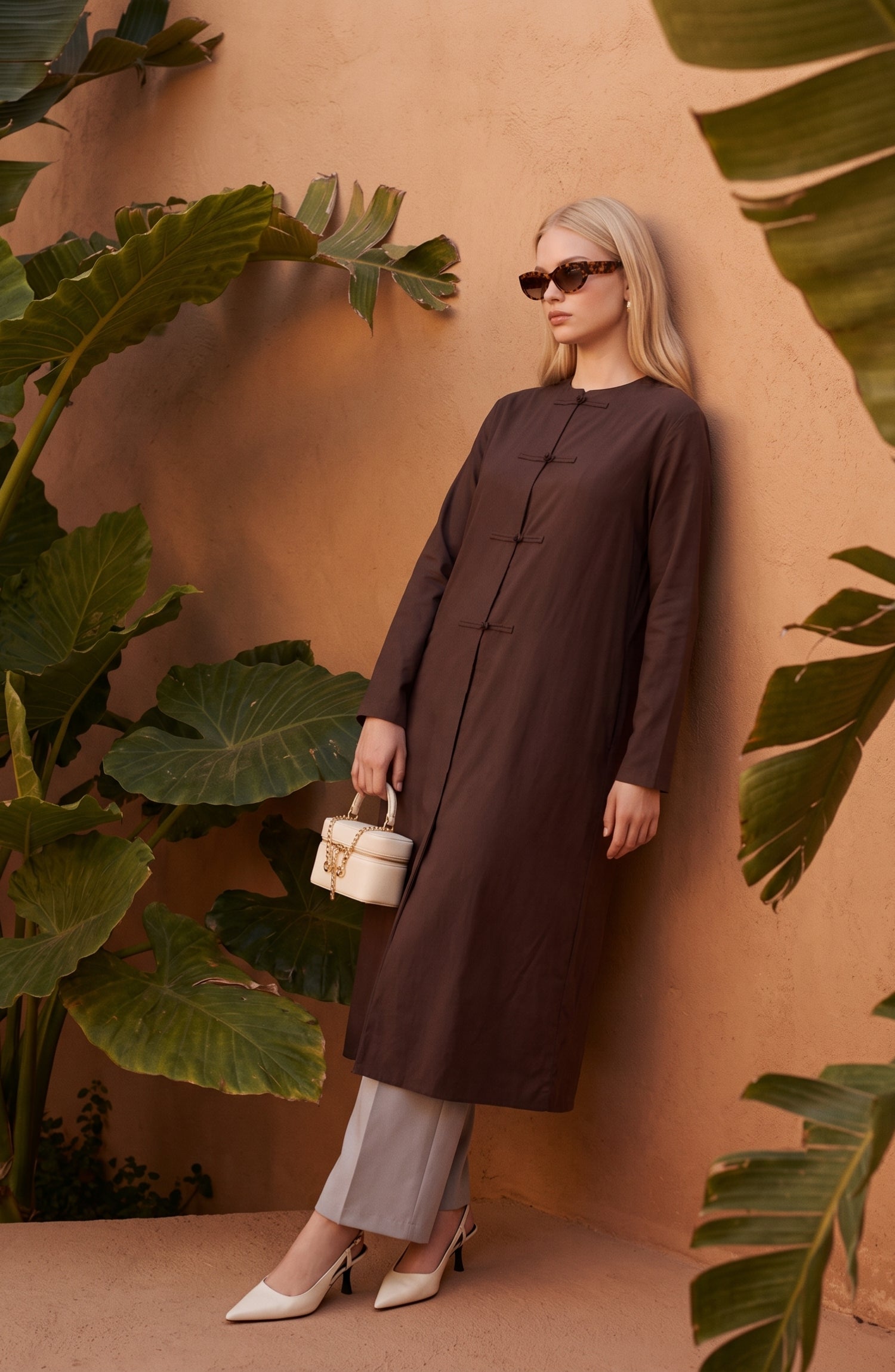 Brit Detaylı Kahverengi Pamuk Maksi Gömlek Tunik