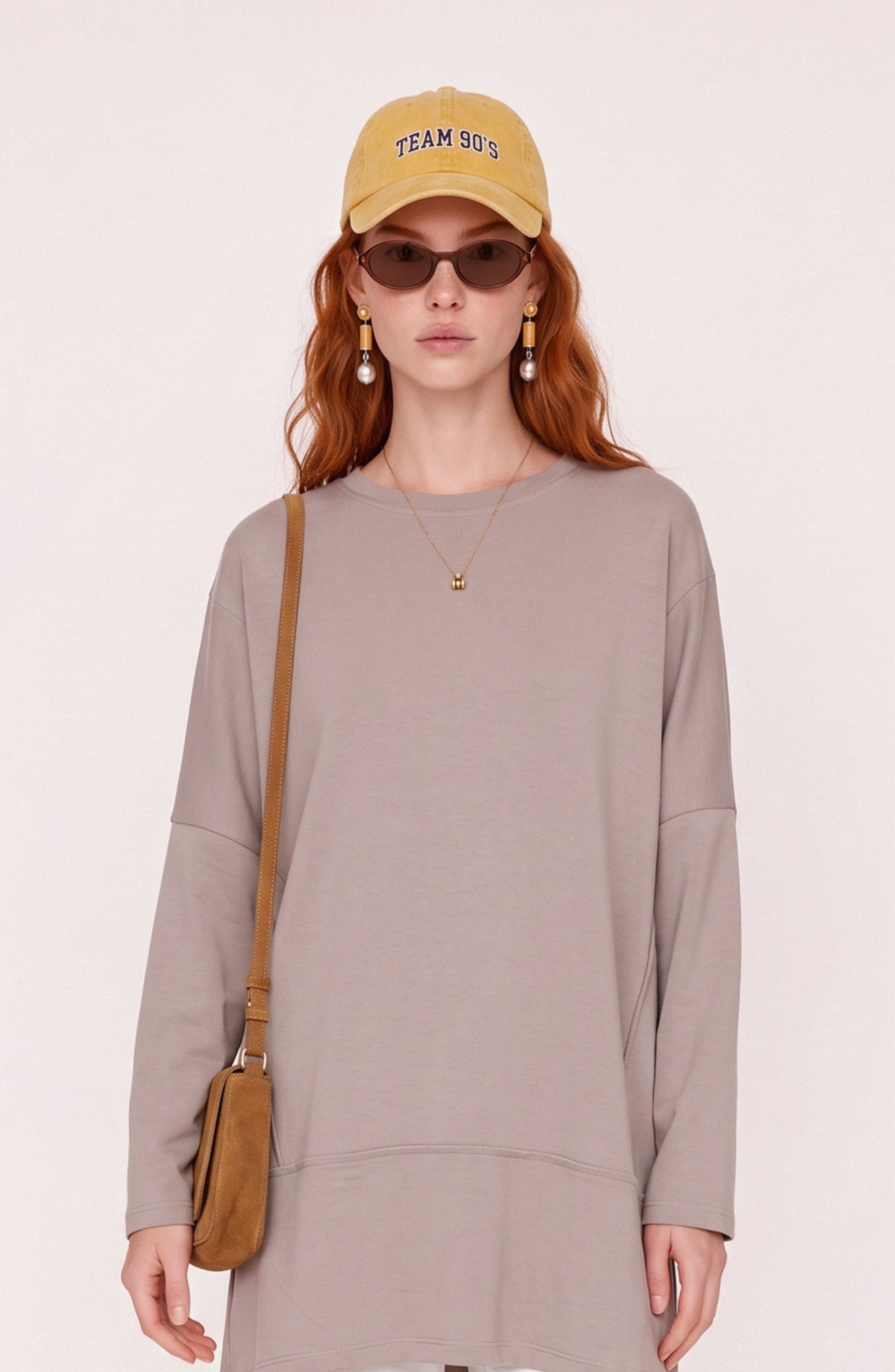 Parçalı Yırtmaçlı Oversize Taş Sweatshirt