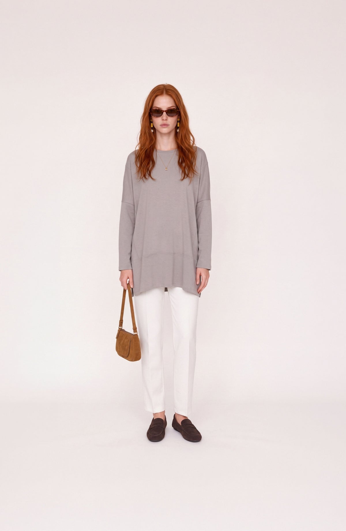 Parçalı Yırtmaçlı Oversize Taş Sweatshirt