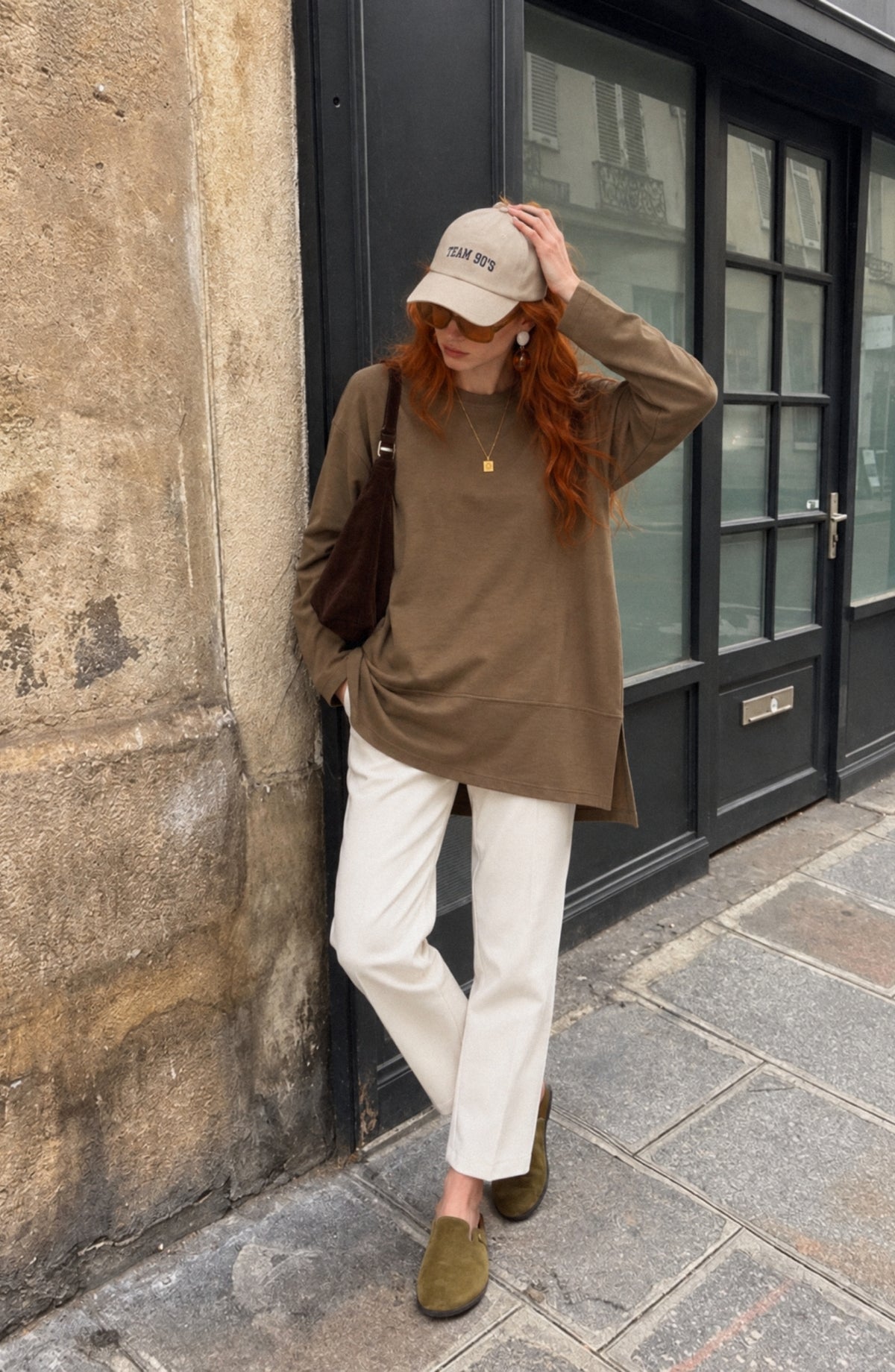 Parçalı Yırtmaçlı Oversize Haki Sweatshirt