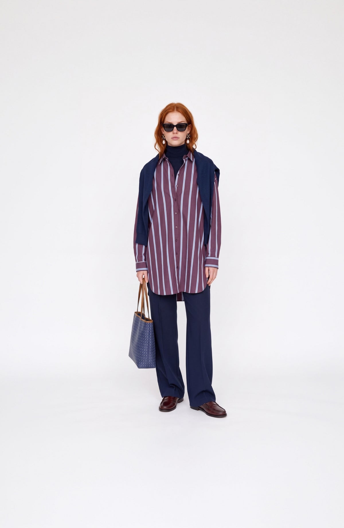 Basic Bordo-Mavi Çizgili Oversize Pamuk Gömlek