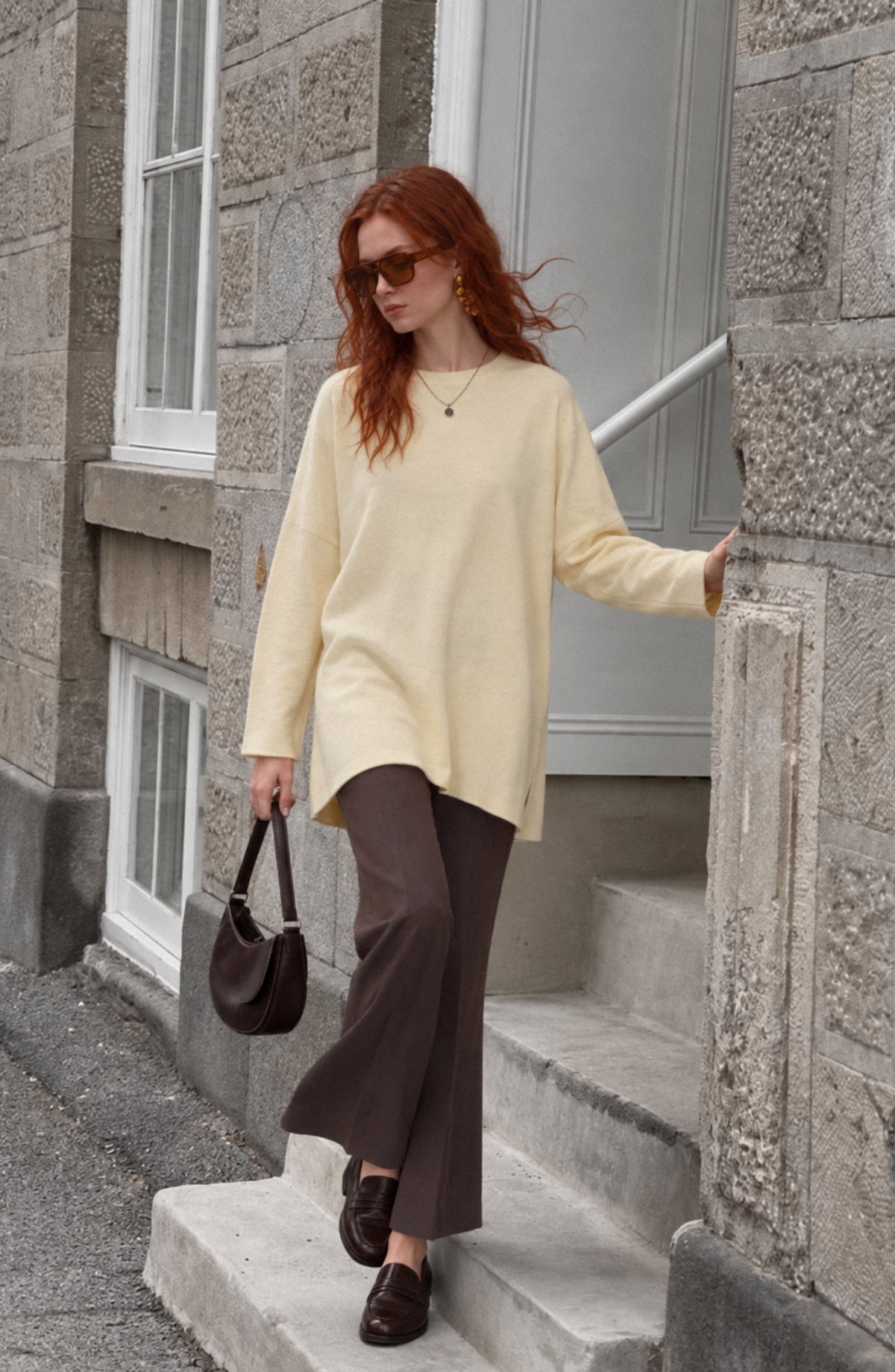 Parçalı Yırtmaçlı Oversize Sarı Sweatshirt