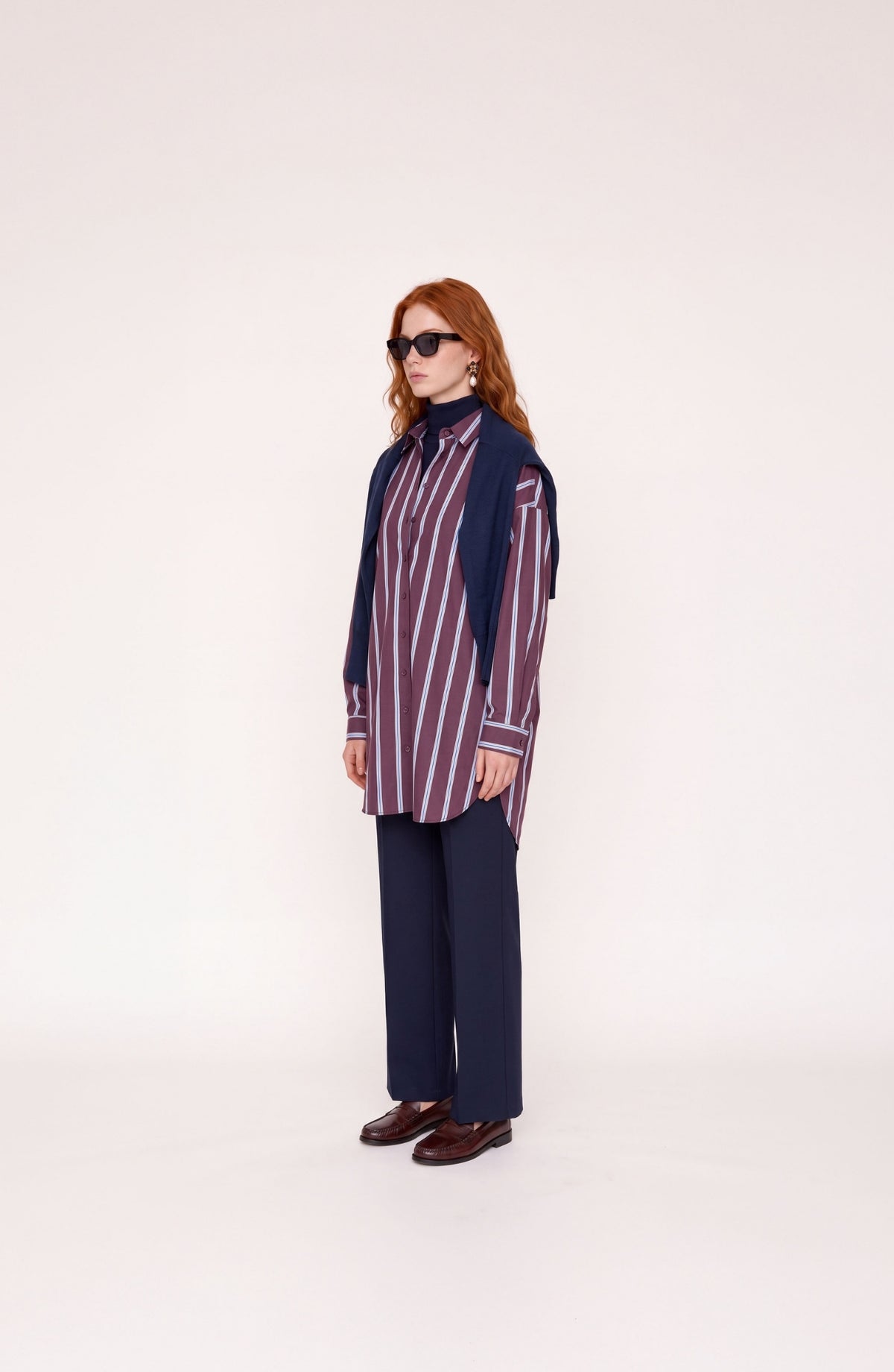 Basic Bordo-Mavi Çizgili Oversize Pamuk Gömlek