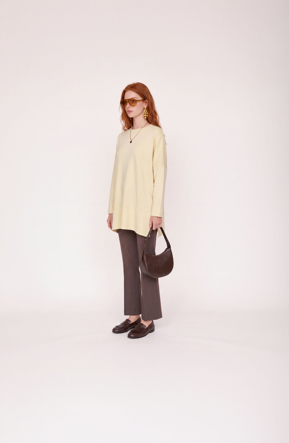 Parçalı Yırtmaçlı Oversize Sarı Sweatshirt