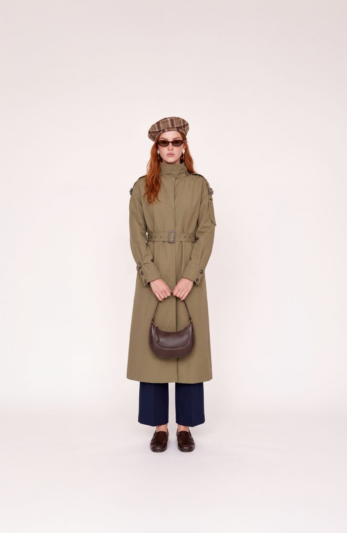 Dik Yaka Toka Kemerli Haki Oversize Trençkot