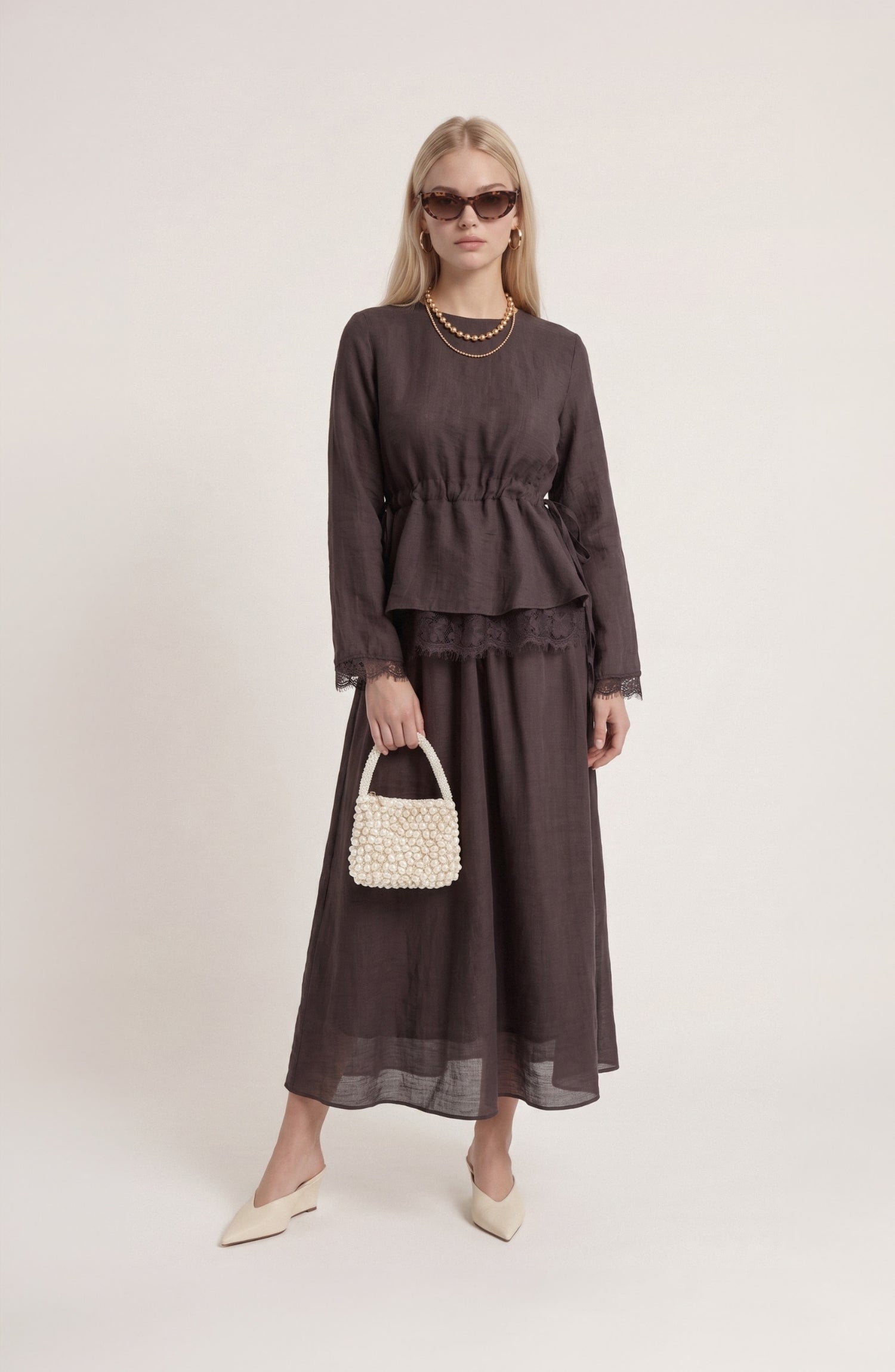Dantel Detaylı Acı Kahve Soft Touch Viskon Etekli İkili Takım