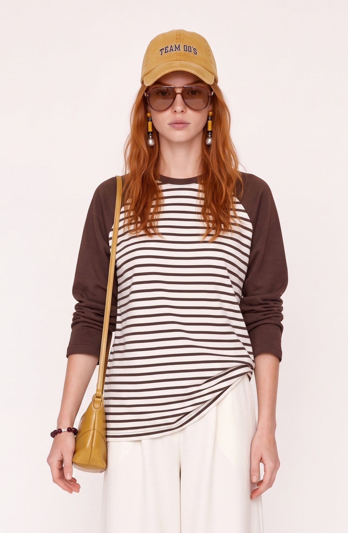 Reglan Kol Kahverengi Çizgili Sweatshirt