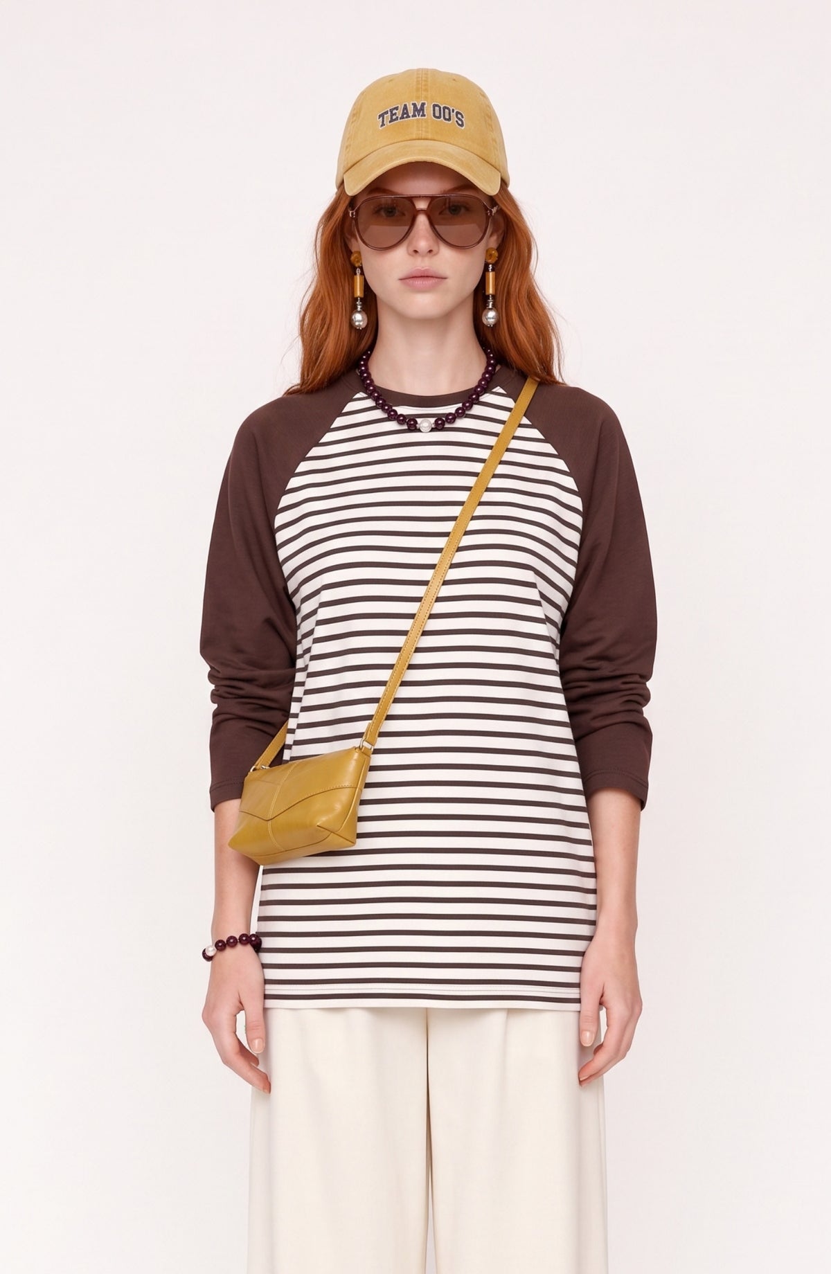 Reglan Kol Kahverengi Çizgili Sweatshirt