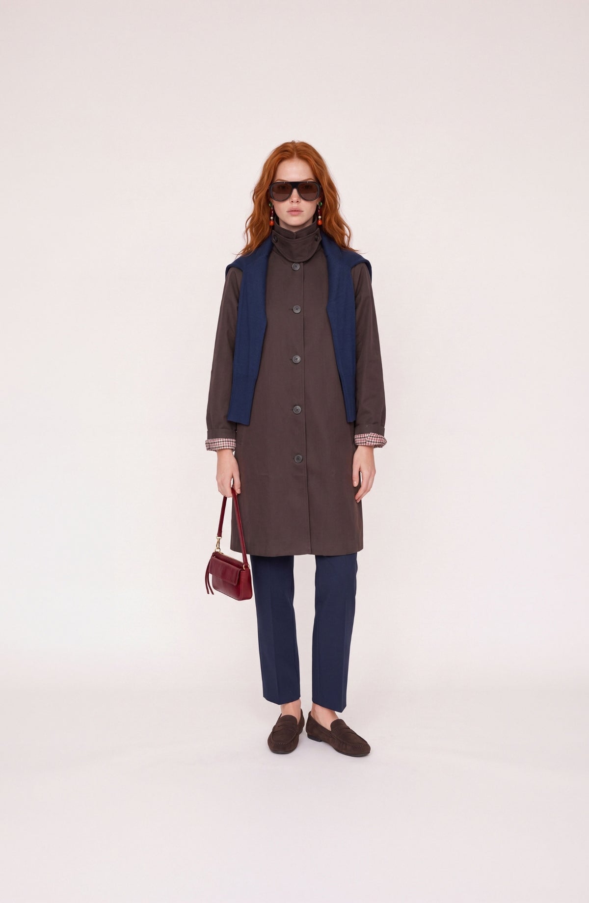 Dik Yaka Reglan Kol Gabardin Kahve Oversize Trençkot