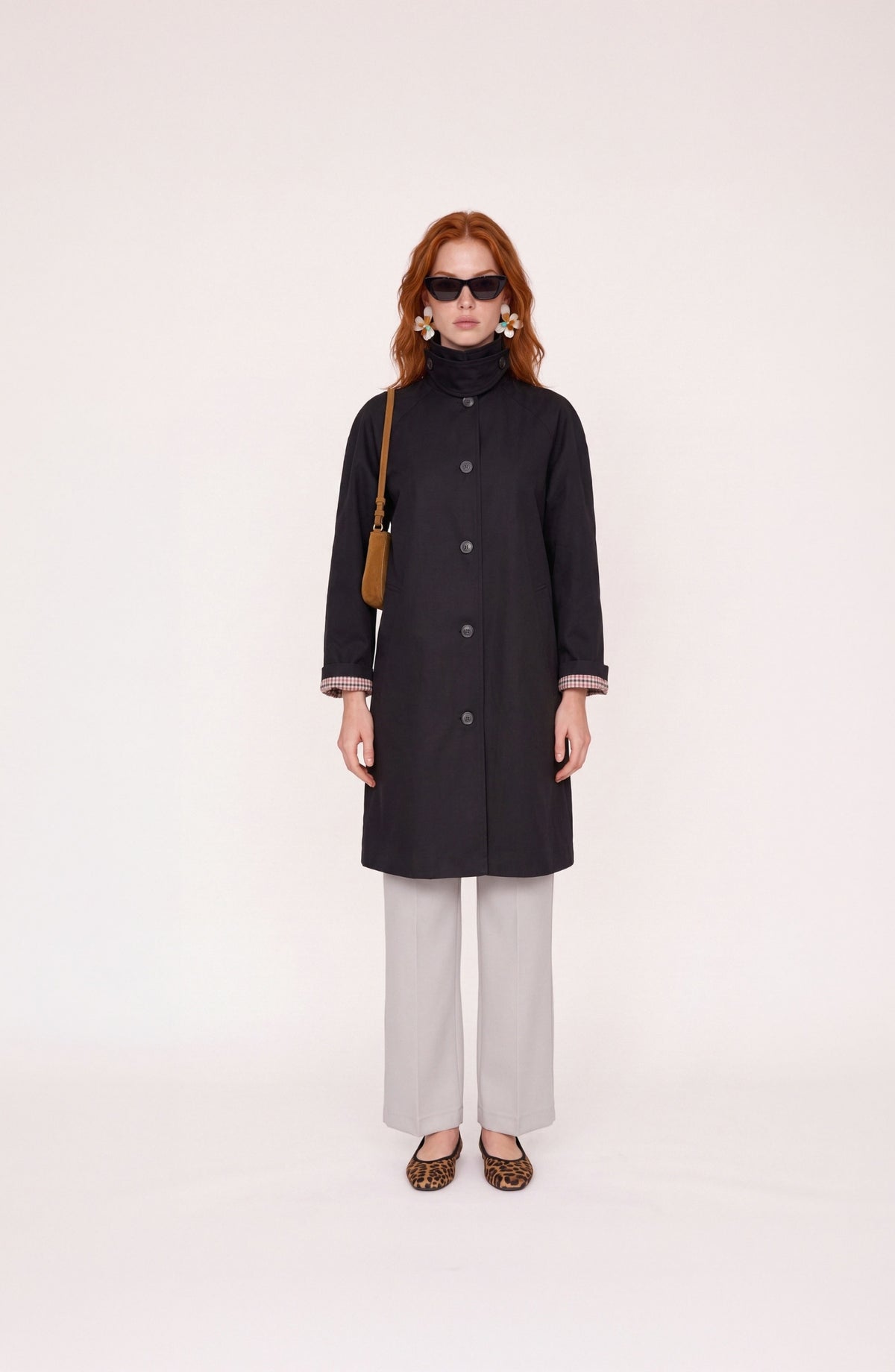Dik Yaka Reglan Kol Gabardin Siyah Oversize Trençkot