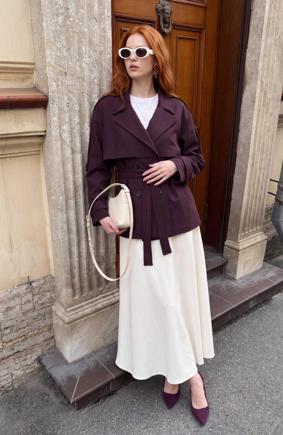 Double Mürdüm Oversize Midi Trençkot