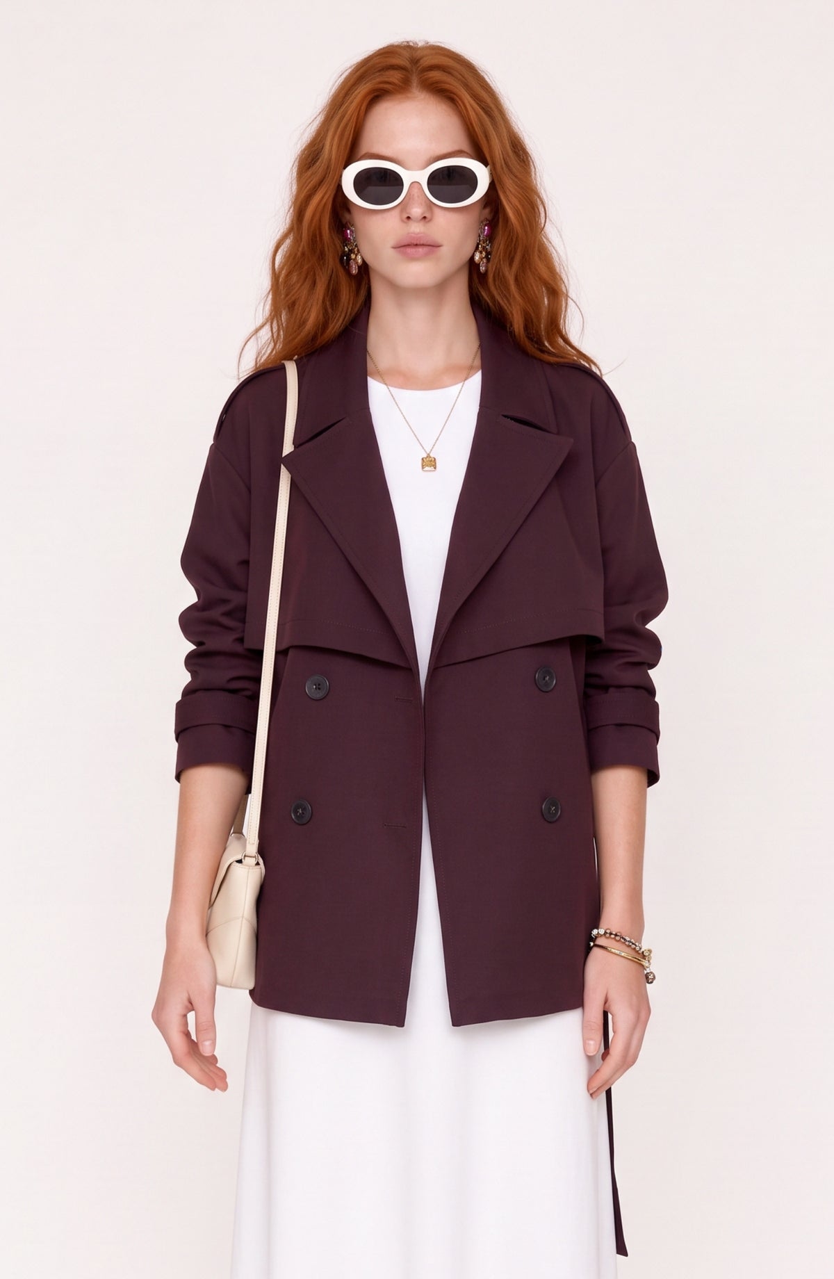 Double Mürdüm Oversize Midi Trençkot