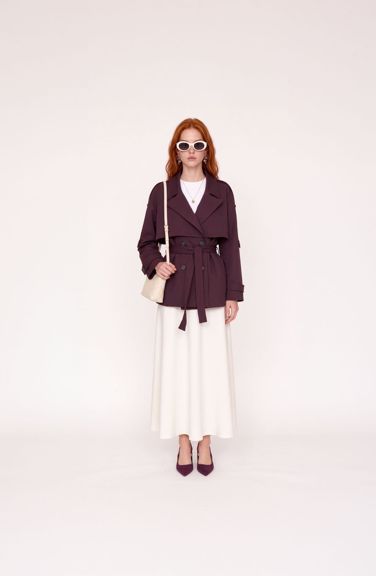 Double Mürdüm Oversize Midi Trençkot