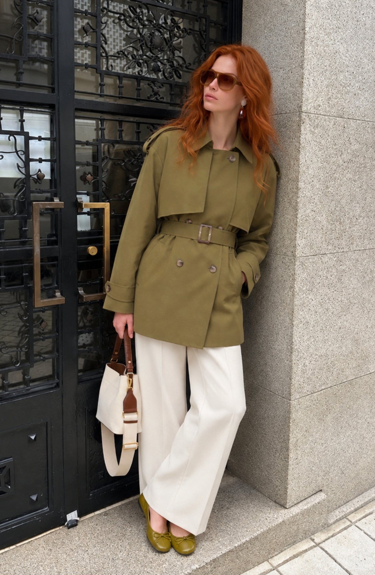Rüzgarlıklı Yağ Yeşili Midi Trenç Ceket
