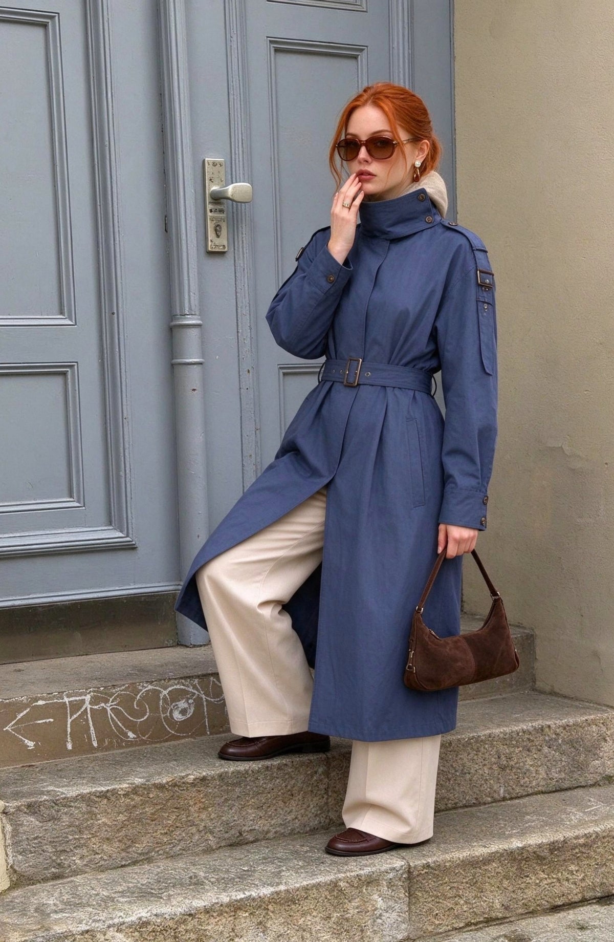 Dik Yaka Toka Kemerli Lacivert Oversize Trençkot