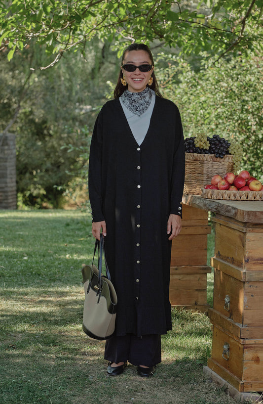 Basic Maksi Siyah Merserize Triko Hırka