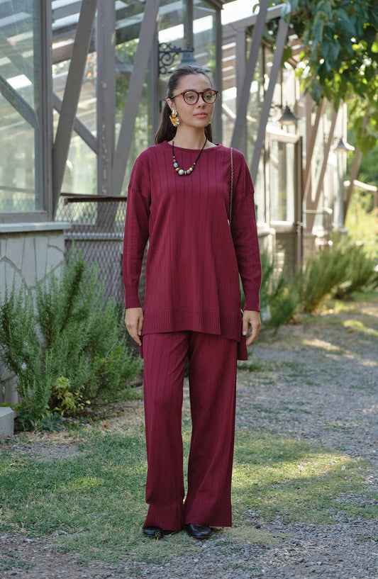 Kendinden Çizgili Bordo Basic Merserize Triko İkili Takım