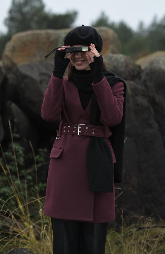 Kemerli Bordo Kaşmir Ceket Kaban