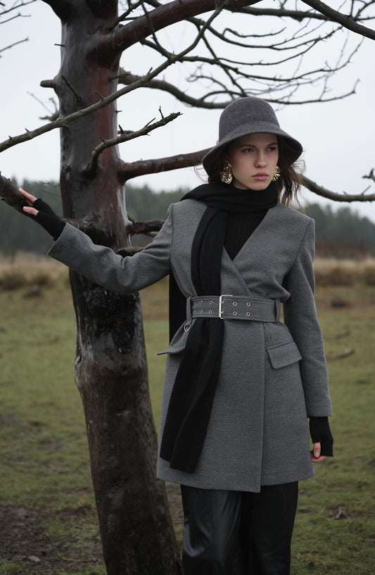 Kemerli Gri Kaşmir Ceket Kaban