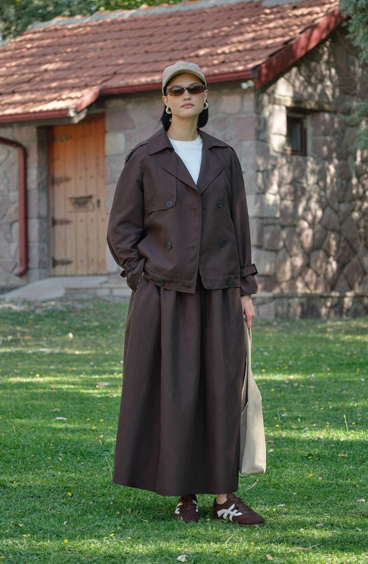 Sık Pileli Acı Kahve Trenç Etek