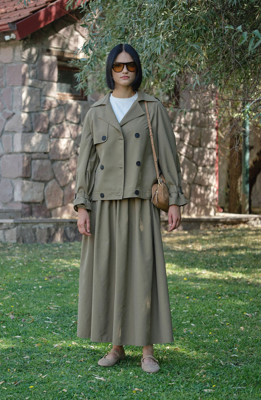 Sık Pileli Haki Trenç Etek