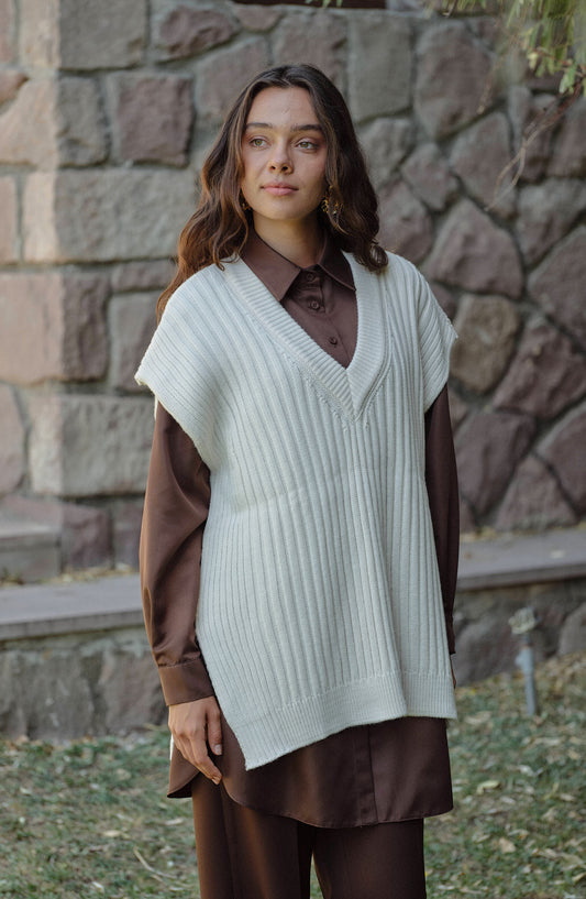 V Yaka Fitilli Fil Dişi Triko Süveter