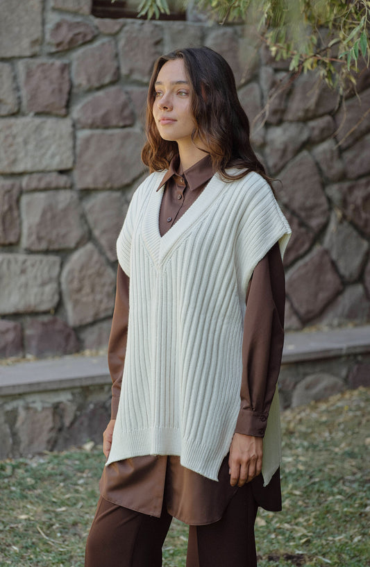 V Yaka Fitilli Fil Dişi Triko Süveter