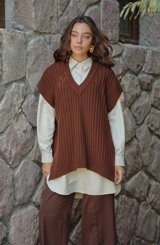 V Yaka Fitilli Kahverengi Triko Süveter