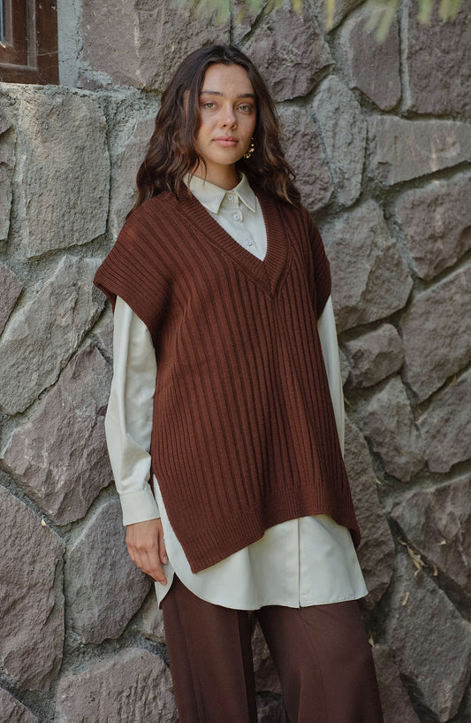 V Yaka Fitilli Kahverengi Triko Süveter