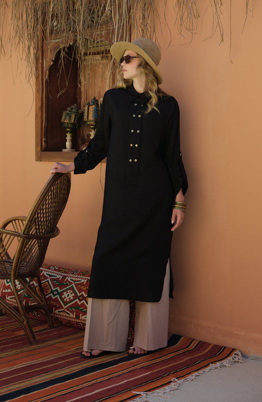 Geniş Patlı Maksi Siyah Tunik