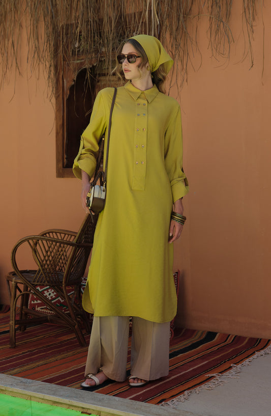 Geniş Patlı Maksi Yağ Yeşili Tunik