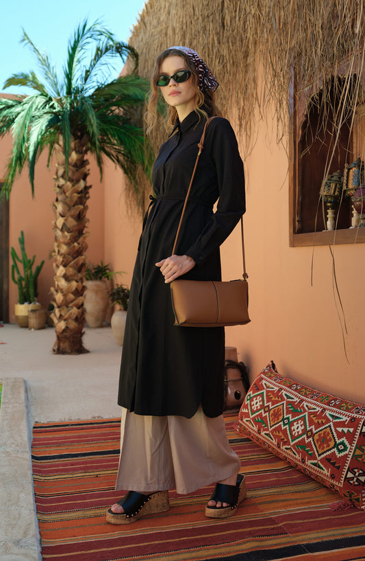 Kendinden Çizgili Pamuk Gömlek Siyah