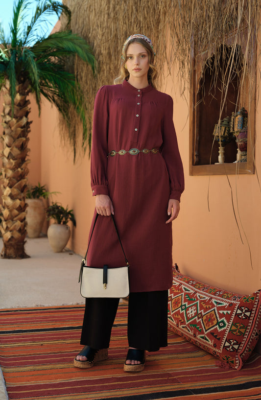 Büzgü Robalı Maksi Vişne Müslin Tunik