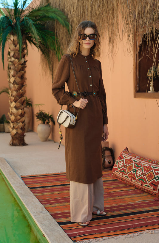 Büzgü Robalı Maksi Kahverengi Müslin Tunik