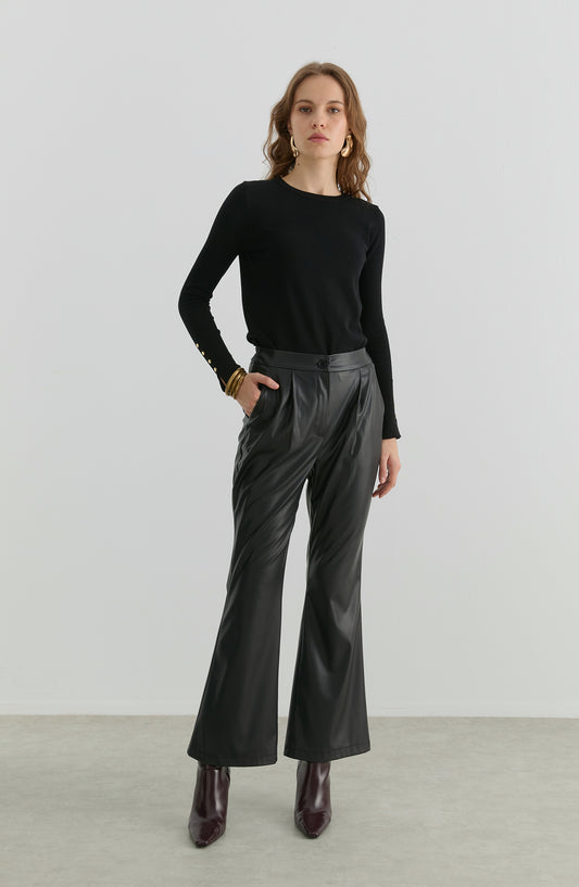 Deri Siyah İspanyol Paça Pantolon