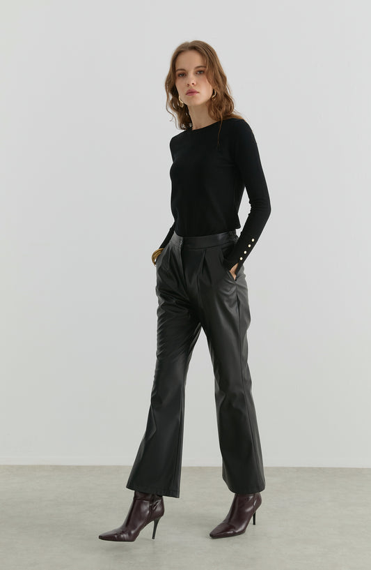 Deri Siyah İspanyol Paça Pantolon