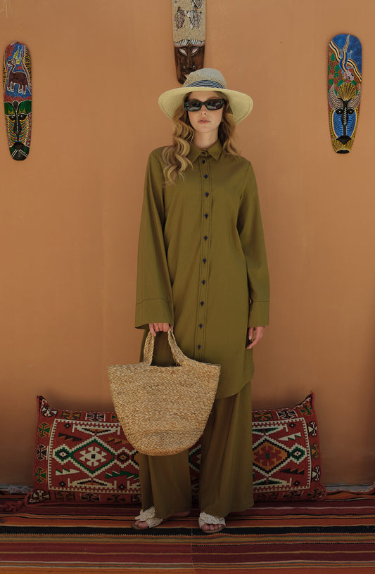 Spor Dikişli Yağ Yeşili Pamuk Gömlek