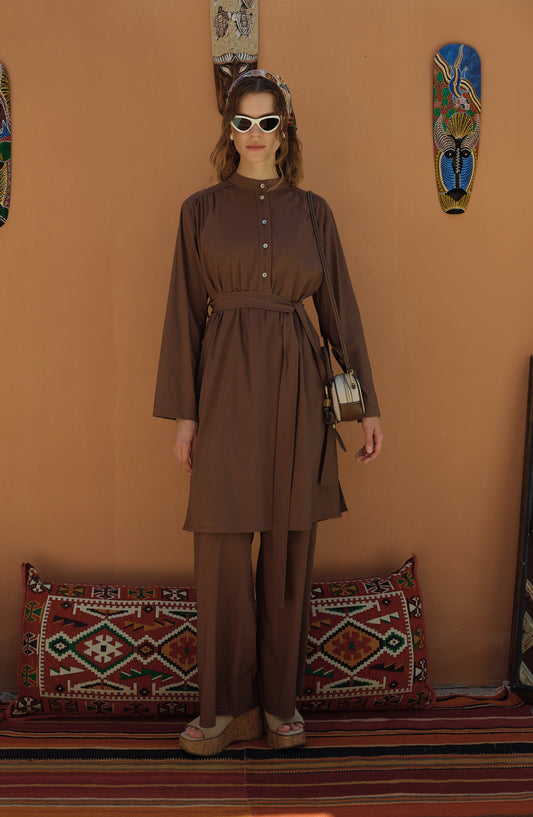 Omuz Büzgülü Bağlamalı Kahverengi Pamuk Tunik