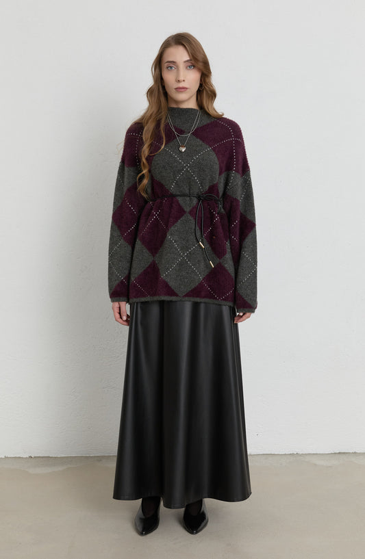 Büyük Baklava Desen Mürdüm Gri Pufik Triko Kazak