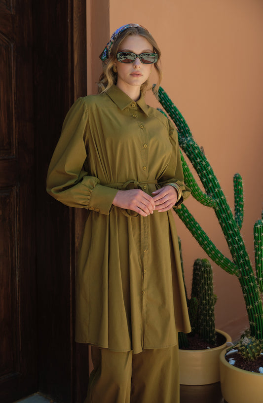 Oversize Bağlamalı Yağ Yeşili Pamuk Gömlek