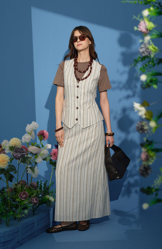 Çizgili Kahverengi Yelek Etek Takım