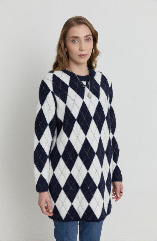 Baklava Desen Lacivert Ekru Yumoş Triko Kazak