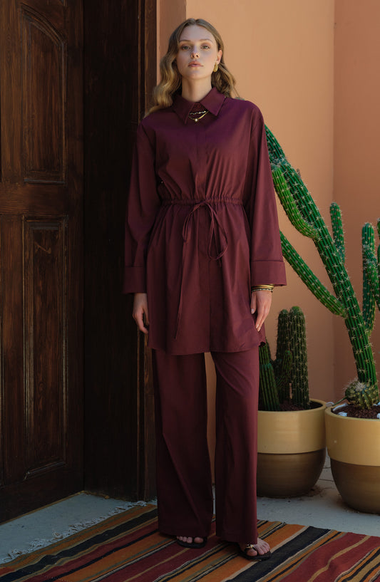 Tünel Büzgülü Vişne Pamuk Gömlek