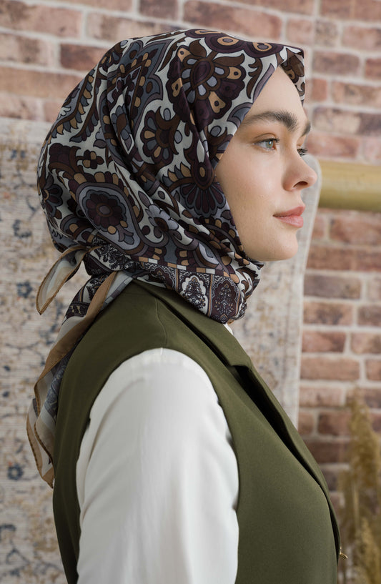 Royadia Kahverengi Etnik Desenli Eşarp